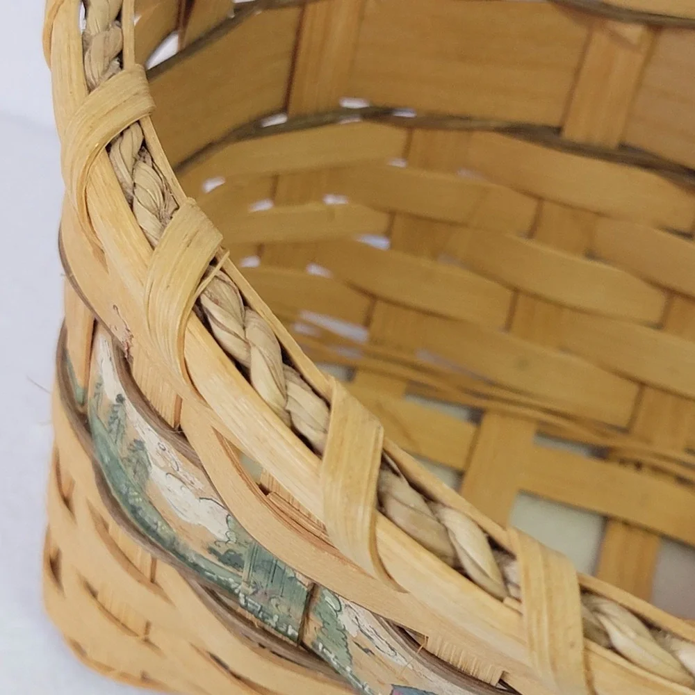 VTG 1992 Handwoven Basket Signed Artisan Farmhouse Decor Painted Scene Woven